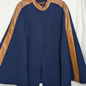 Vintage Wool Blend Cape Coat w/ Leather Trim Navy Tan M/L Y2K